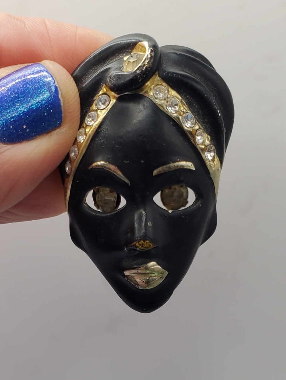 Vintage Blackamoor Brooch Rhinestone Turban Black Enamel Whimsical Figural